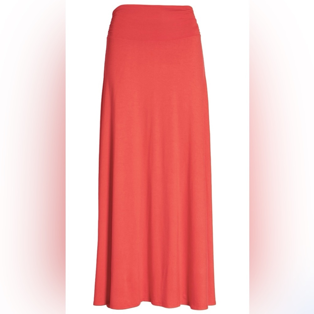 Bobeau Medium Burnt Orange Maxi Skirt Side Slit elastic waist ruching. LIKE NEW